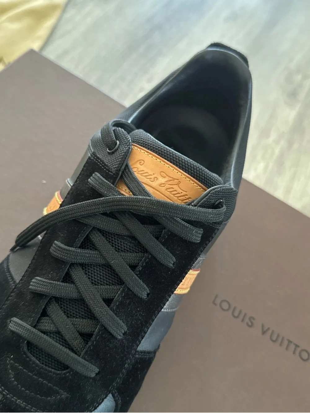 Louis Vuitton Black Leather Sneakers with Brown Accent Stripe ( With Box ✅ ) - Picture 4 of 6